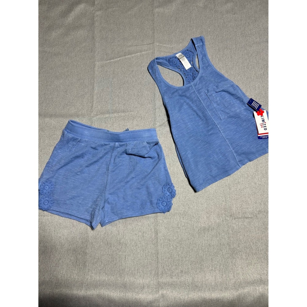 Limited Too Tank Top & Shorts Set Girls Large 12/14 Blue Crochet Racerback Youth